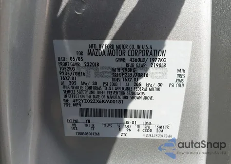 2006 Mazda Tribute I из США, поврежденный, VIN 4F2YZ02ZX6KM00181